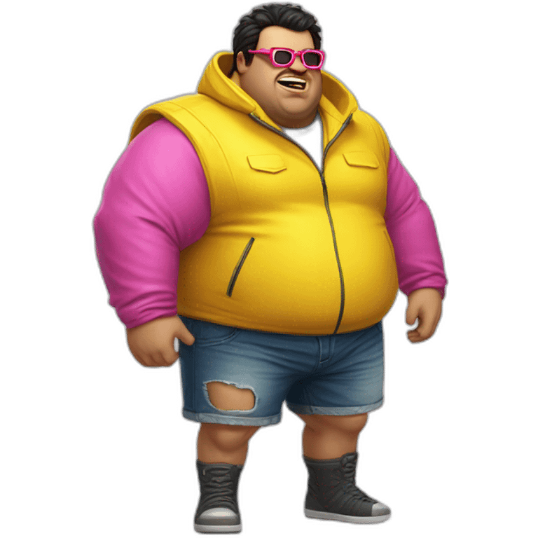 fat man with dark hair,a vibrant long yellow jacket, pink glasses, short jeans shorts. Show full lenght peson, person fighting a monster as superhero emoji