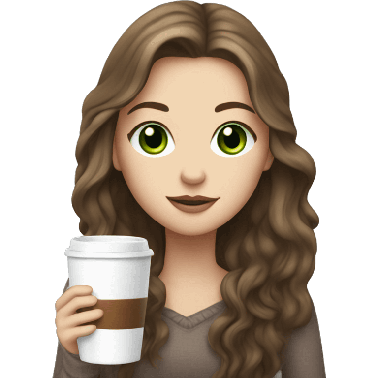 white girl with brown long hair and a hot chocolate green eyes emoji