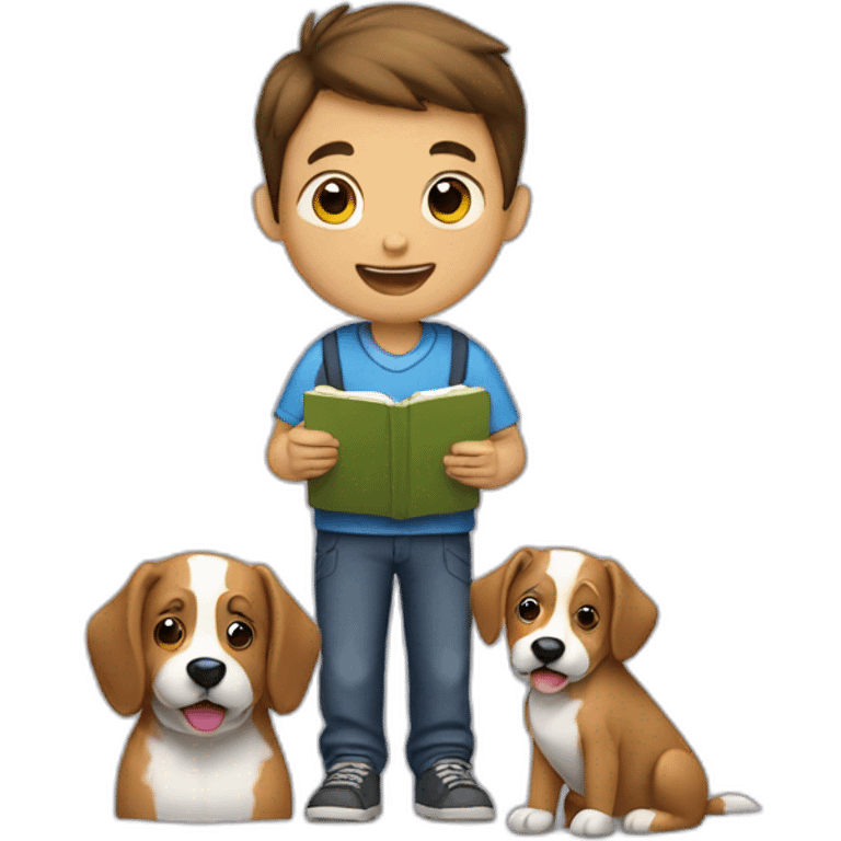 a boy with a notebook and a dog closing his notebook emoji