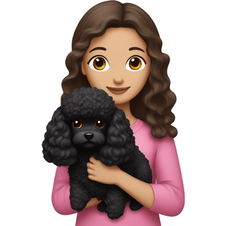 Brunette long hair girl , in pink top holding a black toy poodle emoji