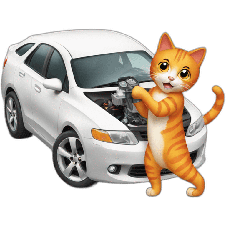 orange cat checking white car engine emoji