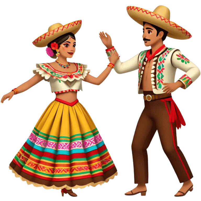 Cinematic Realistic scene of two performers dancing the Jarabe Tapatío, dressed in colorful traditional Mexican costumes with intricate embroidery, captured in energetic, festive motion with vibrant, celebratory lighting emoji