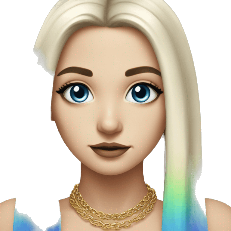 Hyperrealistic white girl with blue eyes and long black hair with rainbow fringe. Wearing gold chain necklace has dark eye makeup on her eyes emoji