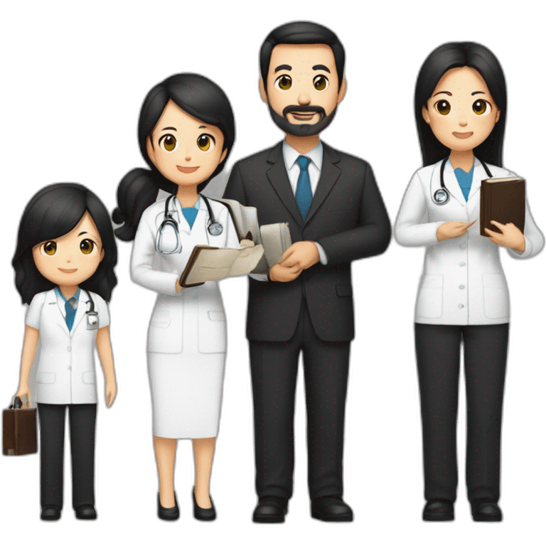 husband middle-aged dark hair trimmed beard wearing dark business suit holding bible, wife asian middle-aged black long hair wearing nurse uniform, no children emoji