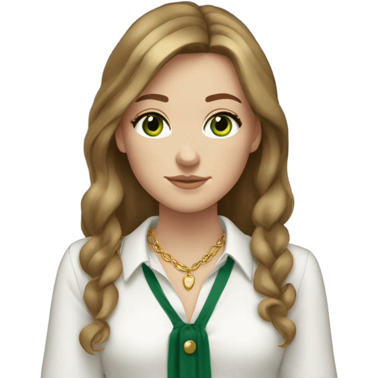 white girl. long brown hair with curtain bangs. freckles. long sleeve white shirt. gold necklace. dark green eyes. white shirt. emoji