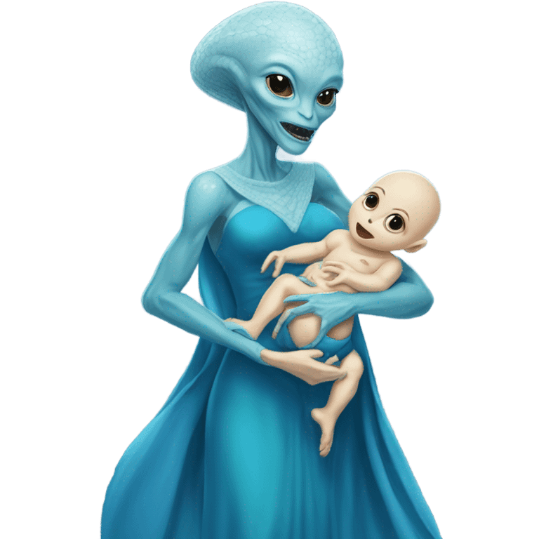  Reptilian alien woman , full body, in blu elegant dress , holds a newborn white humman baby emoji