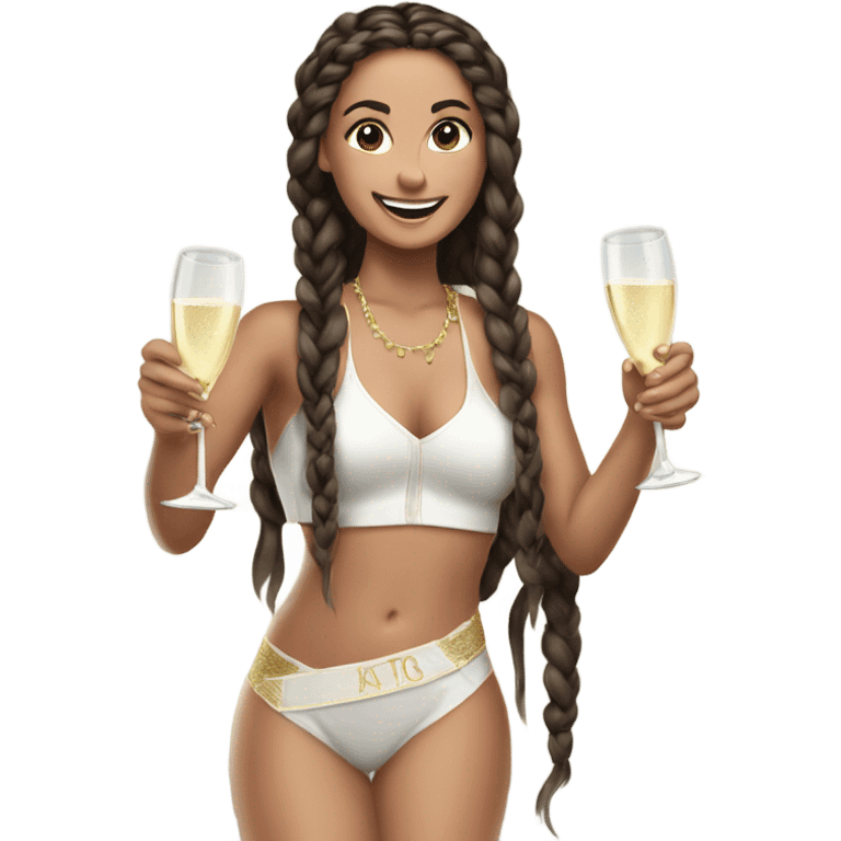 Girl brunette braids popping champagne with a ski  emoji