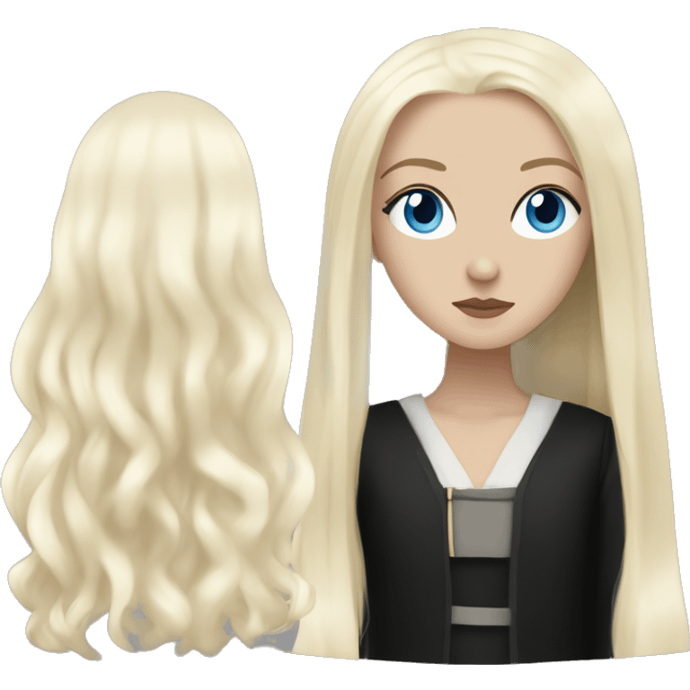 a young goth girl with blue eyes, long black hair with a blond underneath layer like narcissa malfoy emoji