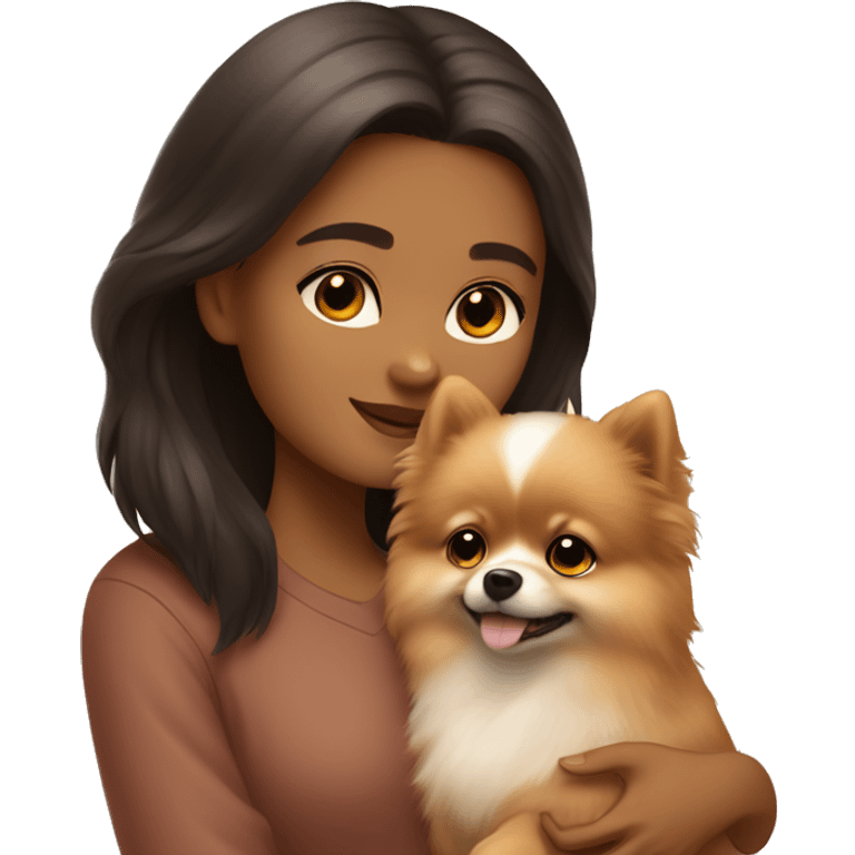 A girl with brown eyes and Tiber coloring hugs a beige pomeranian puppy emoji