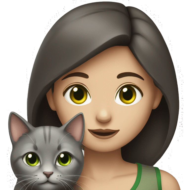 a brunette girl with green eyes and a gray cat emoji