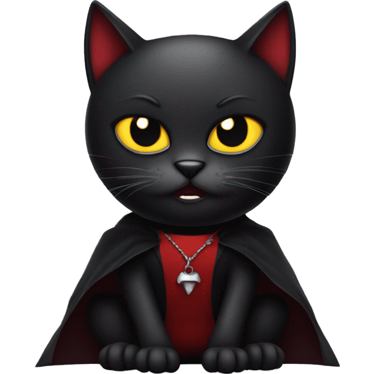 A black angry cat is sitting in a vampire costume emoji