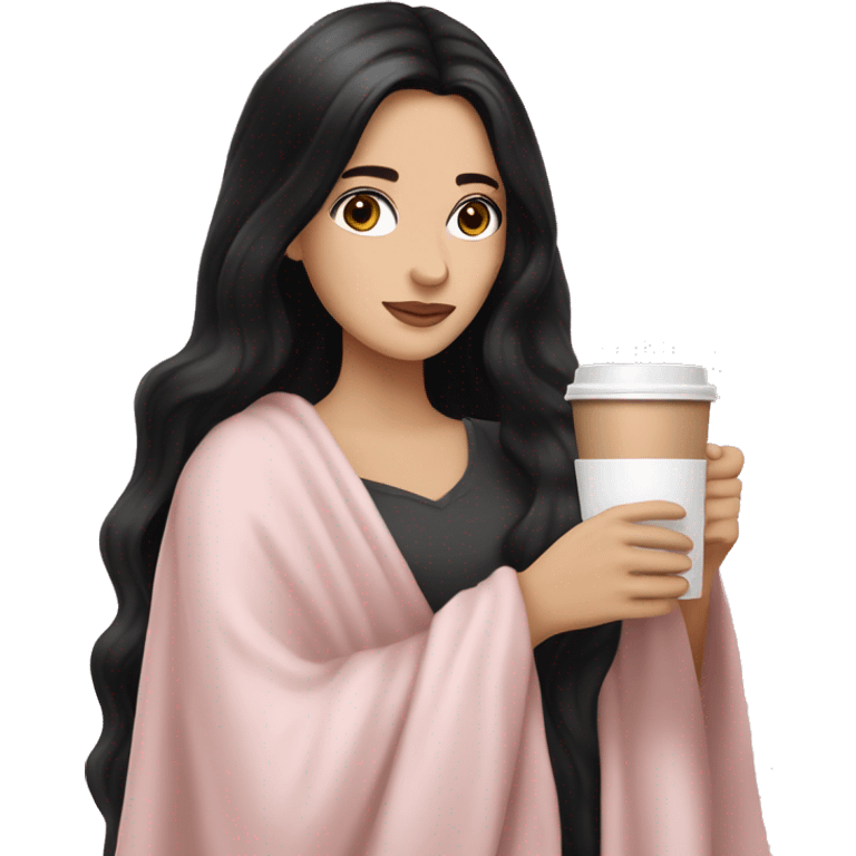 A pretty white girl with very long black hair and brown eyes in a light pink blanket sipping coffee emoji