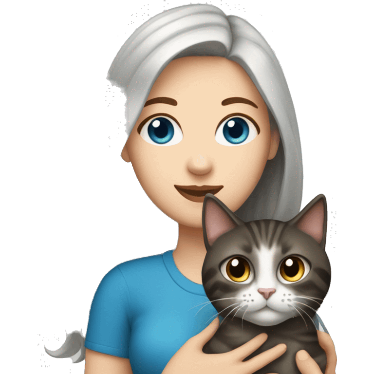 White Woman with blue eyes and long dark hair holding a tabby cat emoji