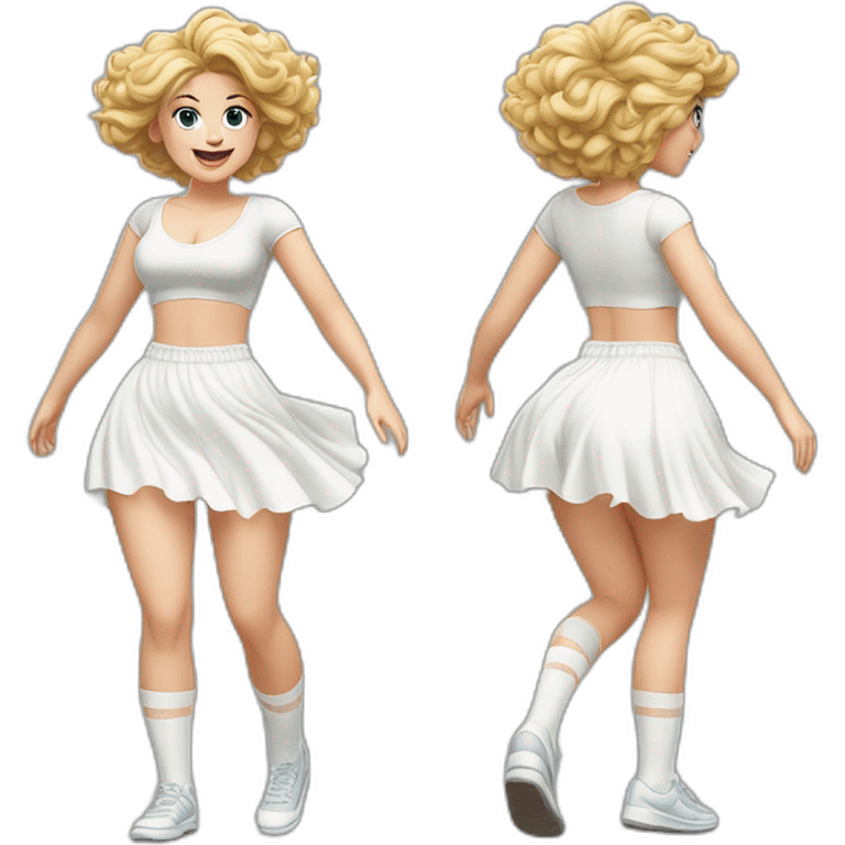 Hyperrealistic Full body Caucasian curvy beauty jumping short white skirt back and front views strong wind knickers long white socks emoji