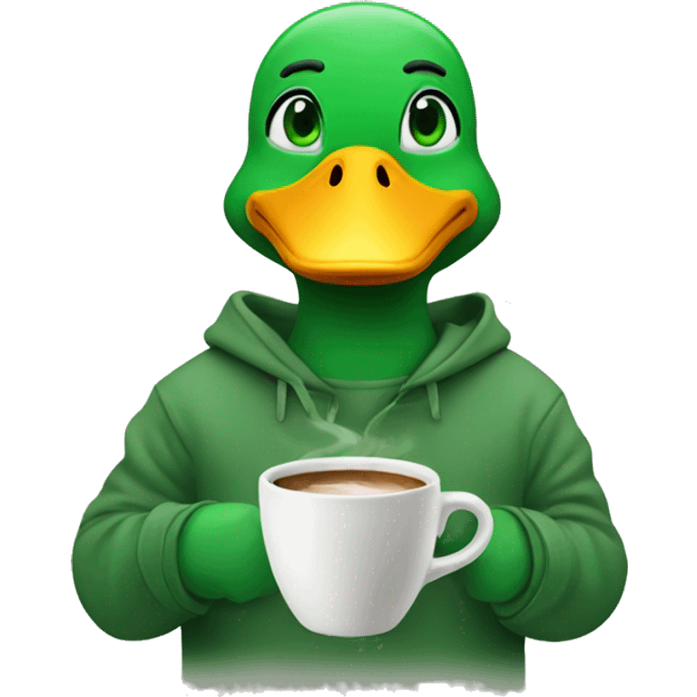 duck with green eyes and green sweatshirt, making coffee emoji