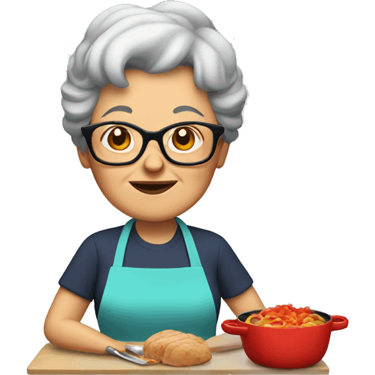 Grandma with dark hair and glasses cooking emoji