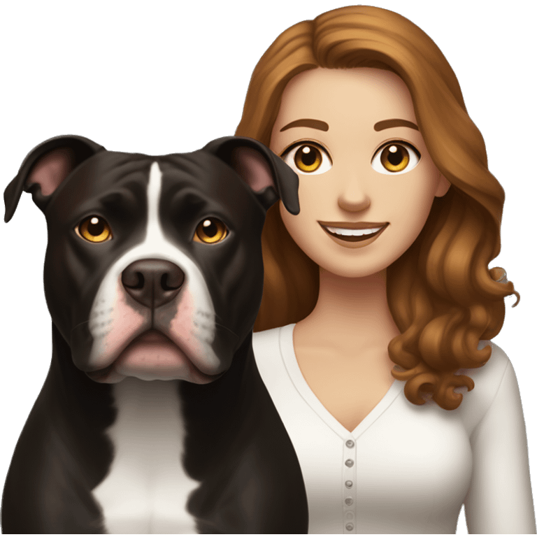 white woman with long brown hair and cat shaped eyes standing alongside a happy black pitbull  emoji