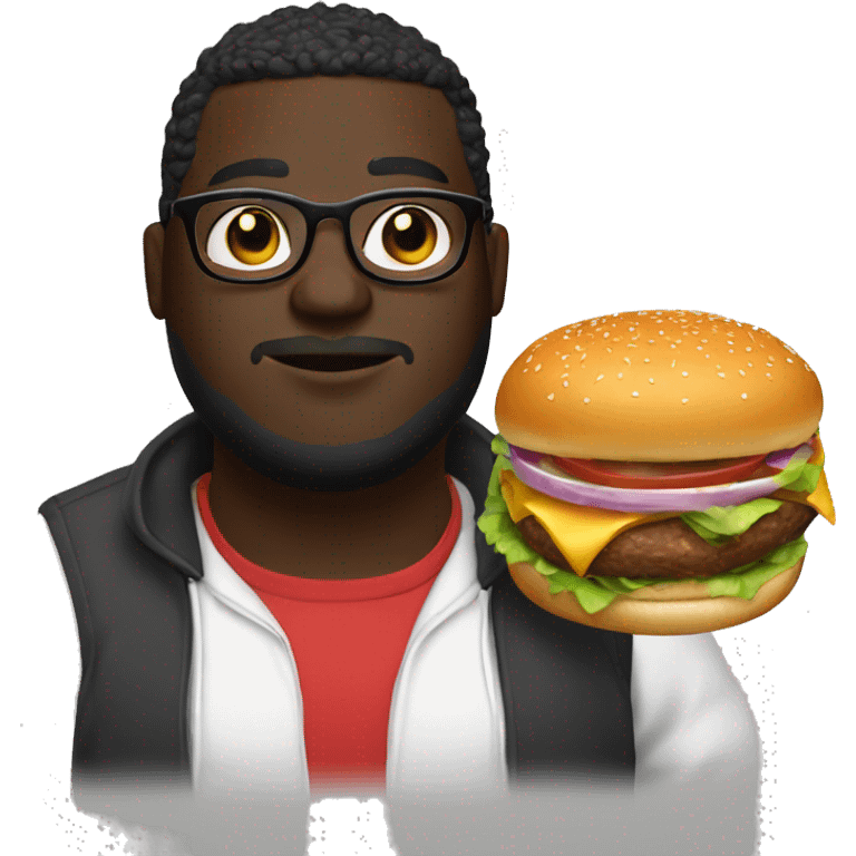 fat darkskin male with glasses with high top fade holding a burger and a skds emoji