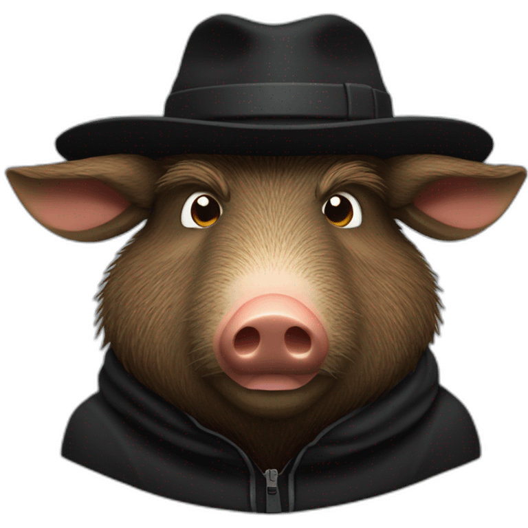 fullface wild brown boar tired of life with stubble in a black jacket and a black winter hat emoji