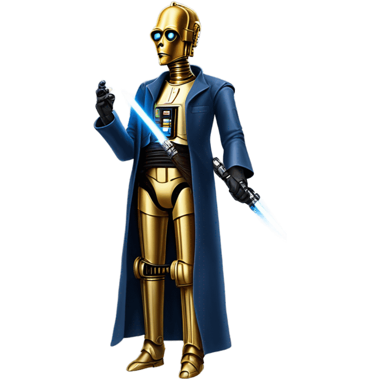 undercover tough well-equipped jedi first order life-sized darkblue-pearl C3po as a friendly bounty hunter droid wearing a leather clothing old west duster coat holding light saber emoji