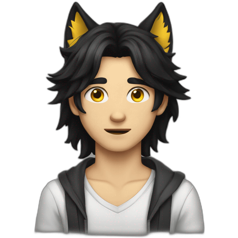 Young man long black hair wolf ears yellow eyes emoji