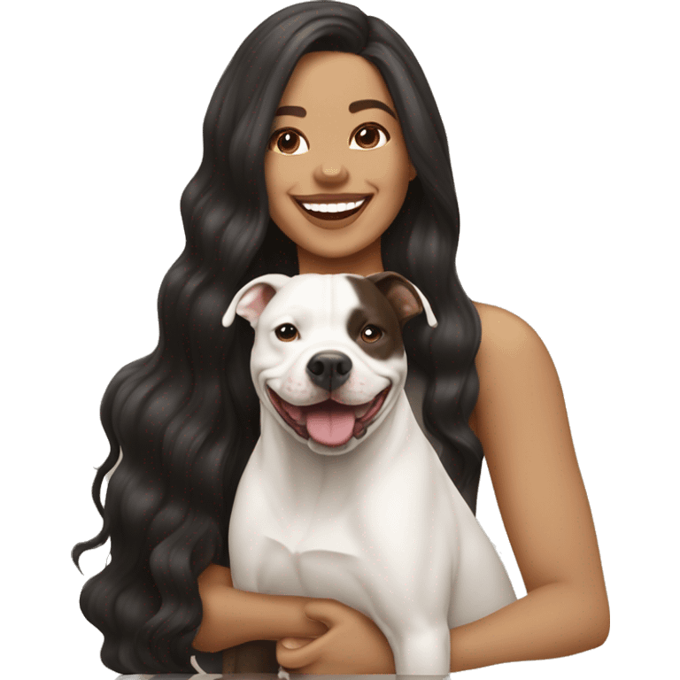 light skin woman with long wavy black hair expressing joy alongide a white and brown pitbull emoji