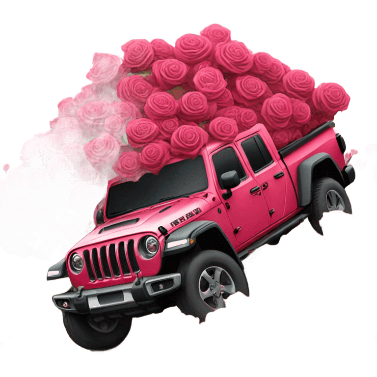 Realistic Red Jeep Gladiator with the truck bed full of pink roses. emoji