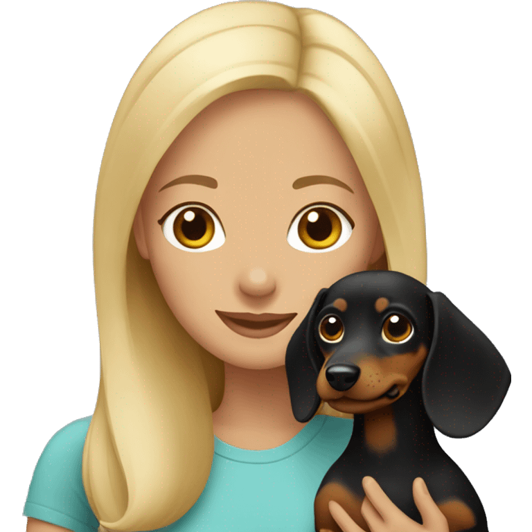 blonde girl holding black and tan dachshund  emoji