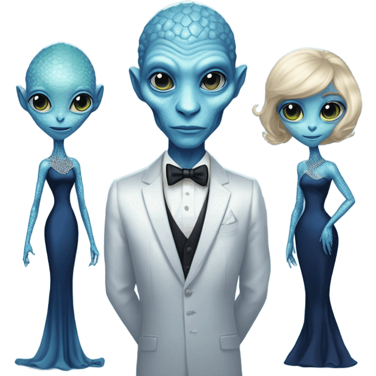 reptilian alien woman, in long slim pastel blue formal party satin dress with gradient shiny sparkling navy blue diamonds embroidered , and caucasian man in black dress emoji