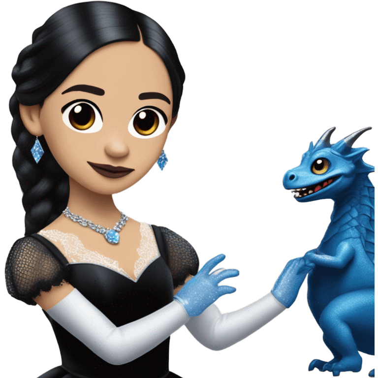 relaxed low-cut back silky black evening ball gown with lace gloves, Jenna Ortega as Wednesday Addams wearing a mini diamond tiara showing off blood blue cute horned old dragon hand-puppet emoji