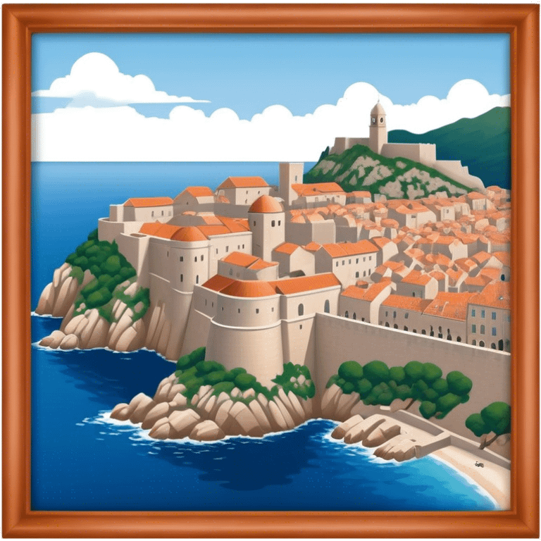 Cinematic Realistic Dubrovnik Landmark Emoji, showcasing the historic walled city with its terracotta rooftops, stone fortifications, and the deep blue Adriatic Sea stretching beyond. emoji