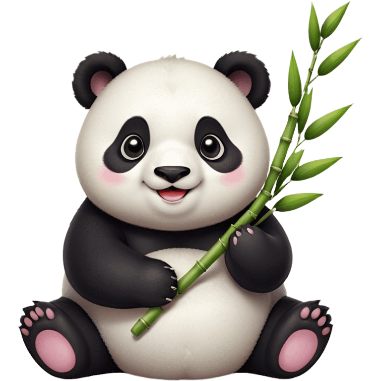 Cinematic smiling chubby panda, fluffy black and white fur, round rosy cheeks, tiny paws holding a bamboo shoot, sparkling eyes full of joy, soft glowing background, irresistibly huggable. emoji