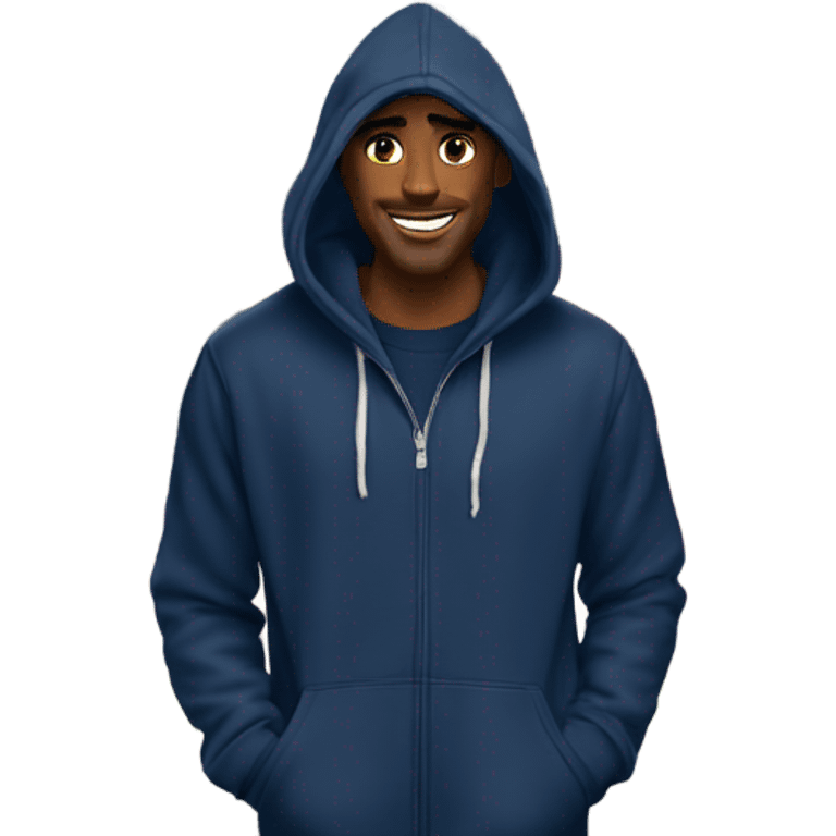 man wearing a navy colored hoodie standing in front of charlotte, nc city skyline emoji