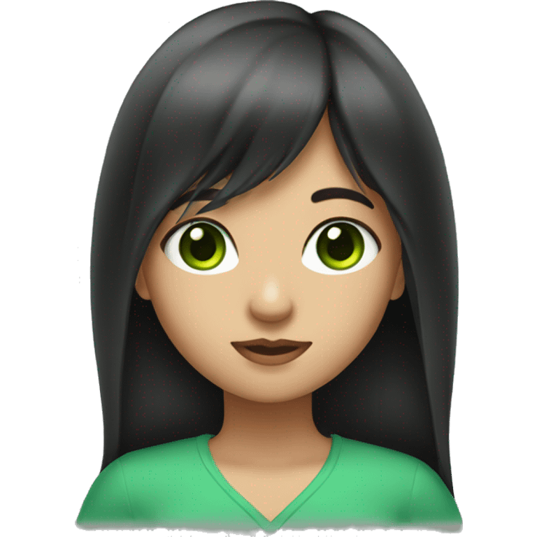 girl with long dark hair with bangs and green eyes emoji