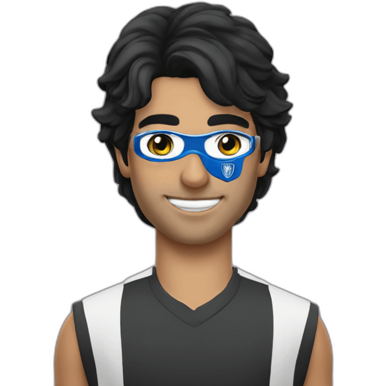 A man with gray eyes, black hair, wearing an eye mask and a Al Hilal Club T-shirt  emoji