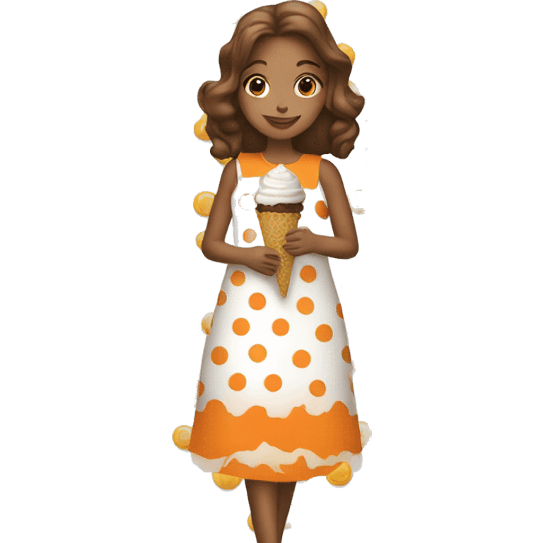 A girl wearing a white dress with orange polka dots and eating Magnum ice cream emoji