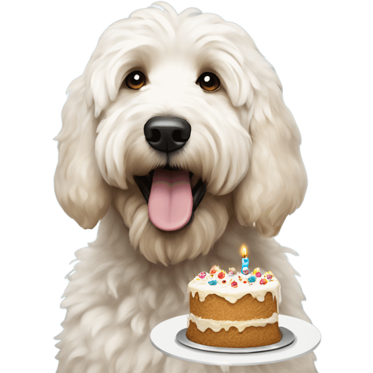 Shaggy large White Goldendoodle with tan on ears eating birthday cake  emoji