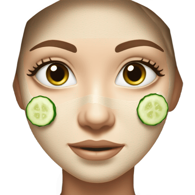 White girl with Brown hair and blue eyes wears a Green colored skincare clay textured mask and puts on cucumbers around her eyes while She relaxes in her white Robe emoji