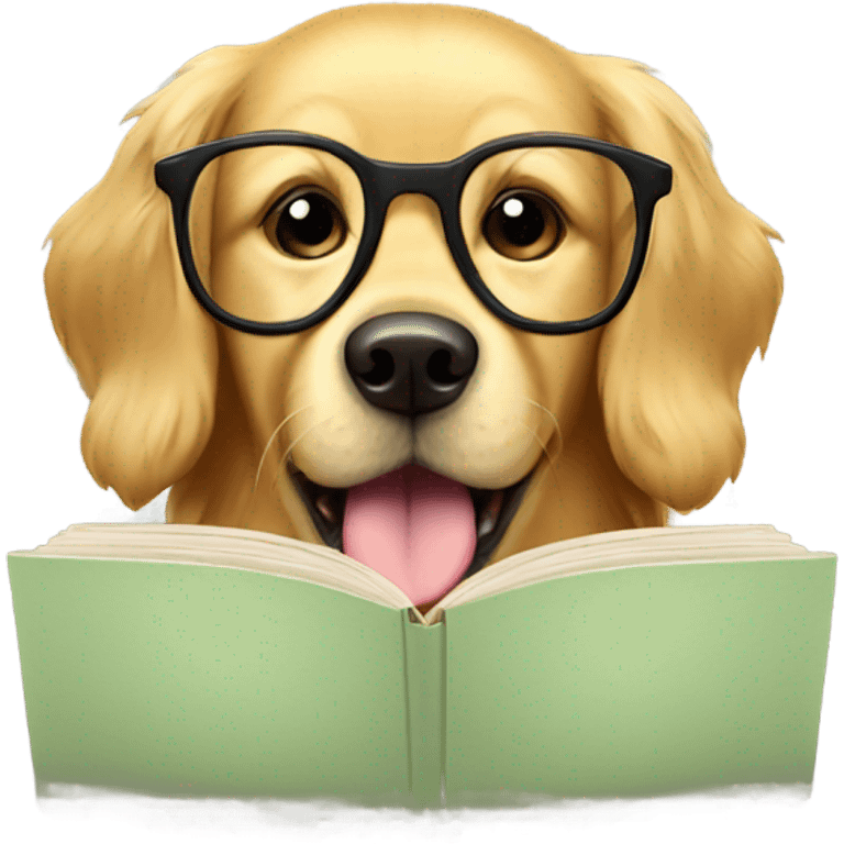 Golden retriever wearing glasses and reading book emoji