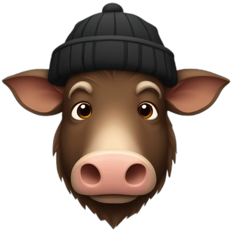 fullface sad brown boar with tusks in black winter hat emoji