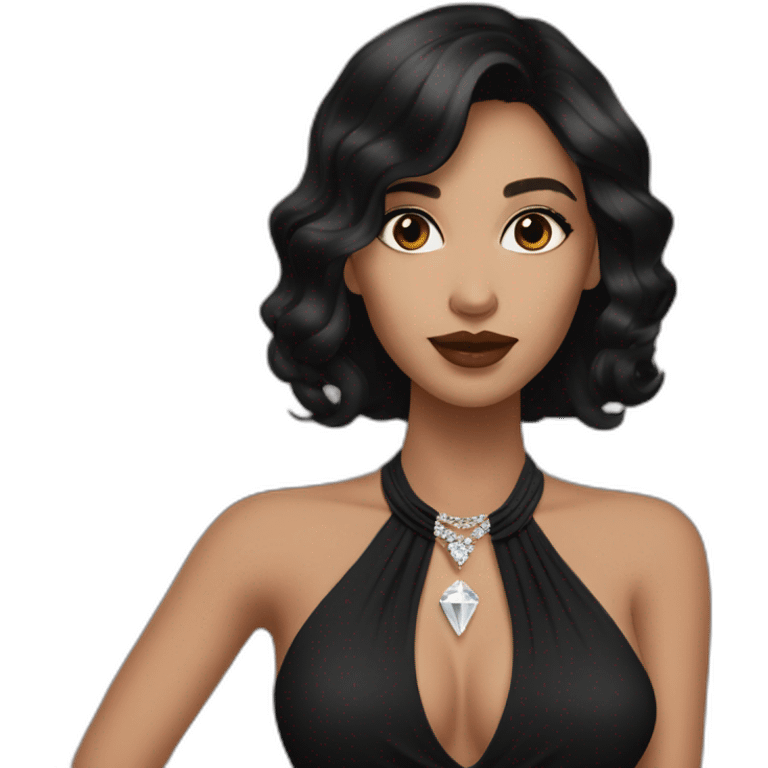 beautiful brunette girl with smooth skin long black hair beige lipstick wearing low neck black dress with a diamond necklace emoji