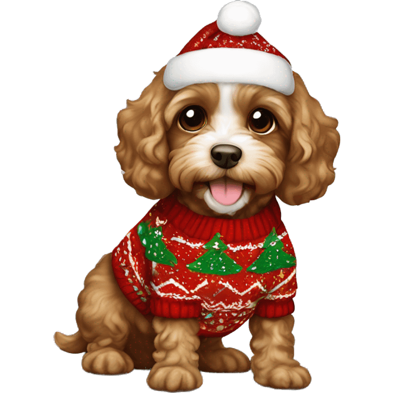 Brown Cavapoo puppy  wearing Christmas sweater emoji