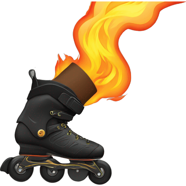 a black inline rollerblade on the road with the wheels on fire emoji