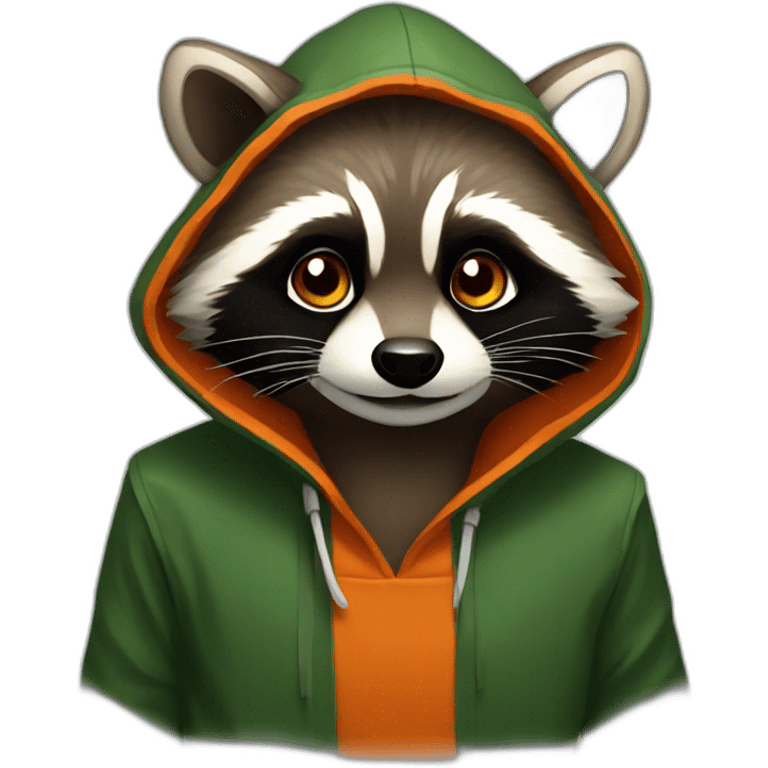 brown raccoon with orange eyes and a dark green hood that is smiling emoji