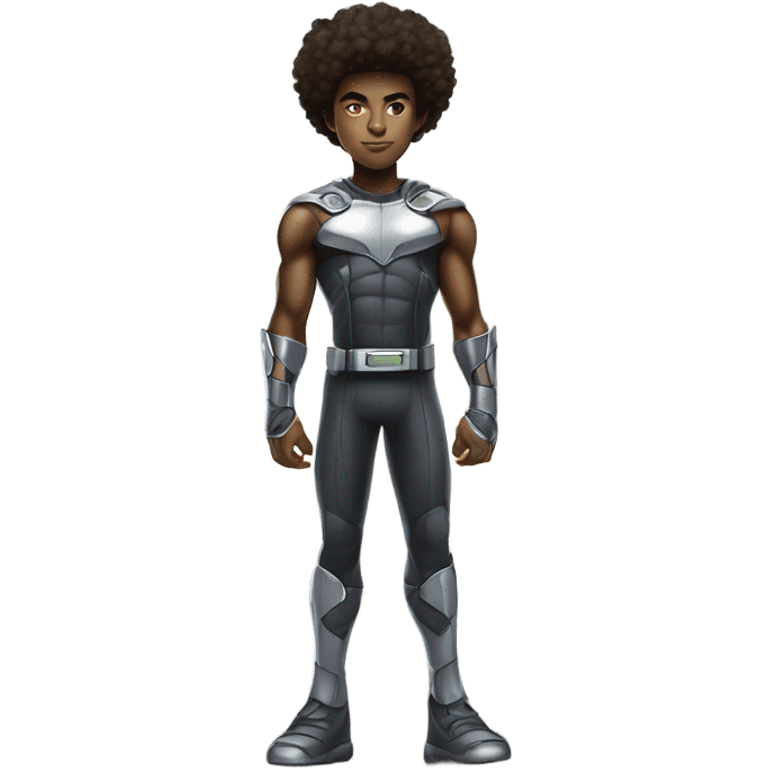 Muscular Afro teenage boy in a Cyborg superhero costume standing on a spaceship. emoji