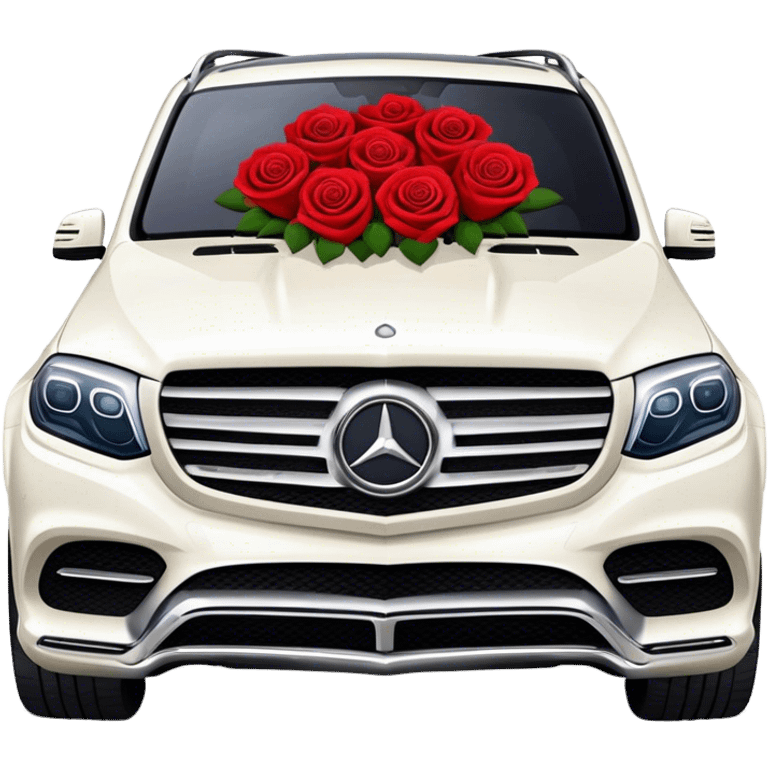 White Mercedes GLS 600 with red roses on the hood emoji