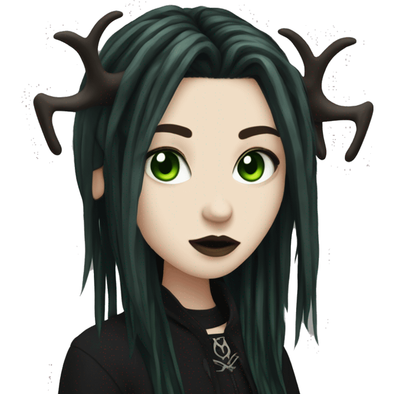 gothic girl, pale skin, green eyes, hairstyle as a black dreadlocks, bangs, black clothes, eyeliner, antlers  emoji