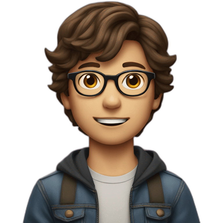 a 12-year-old boy with brown hair and glasses performs on the stage of the theater emoji