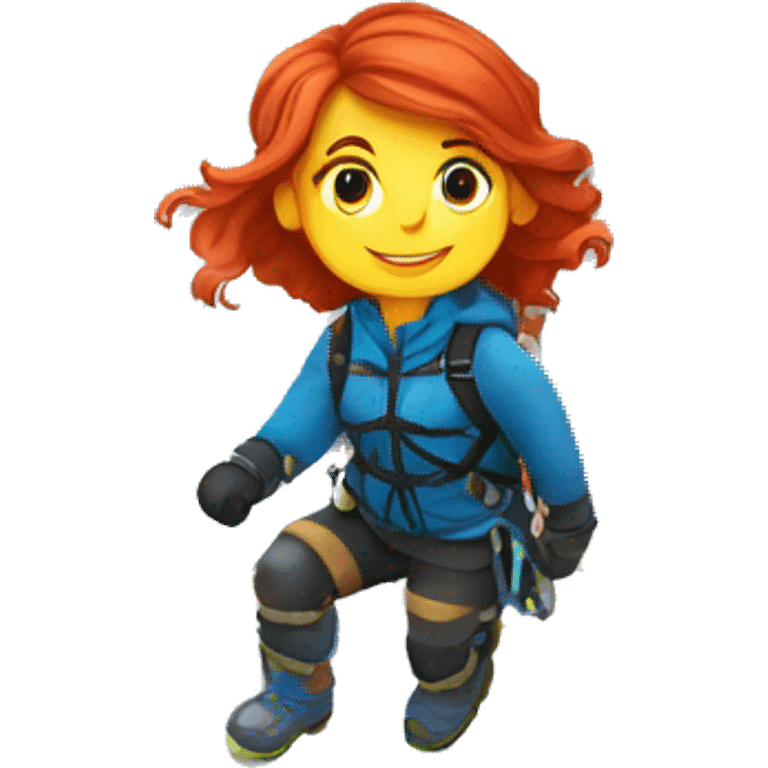 Female winter mountain climber red hair climbing with Greek and EU flags and Easter eggs basket emoji