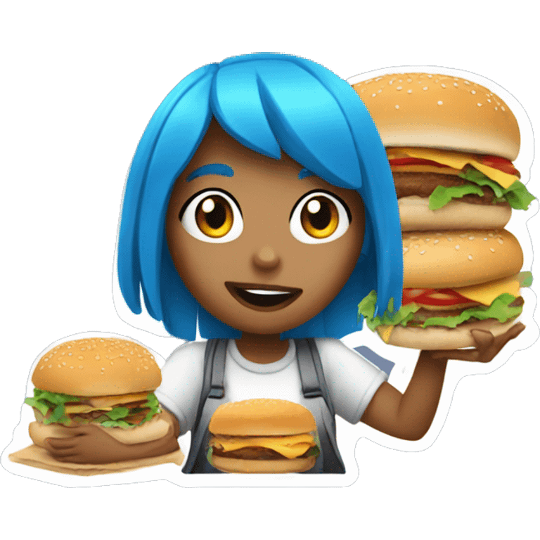 Girl with blue hair eating a burger emoji